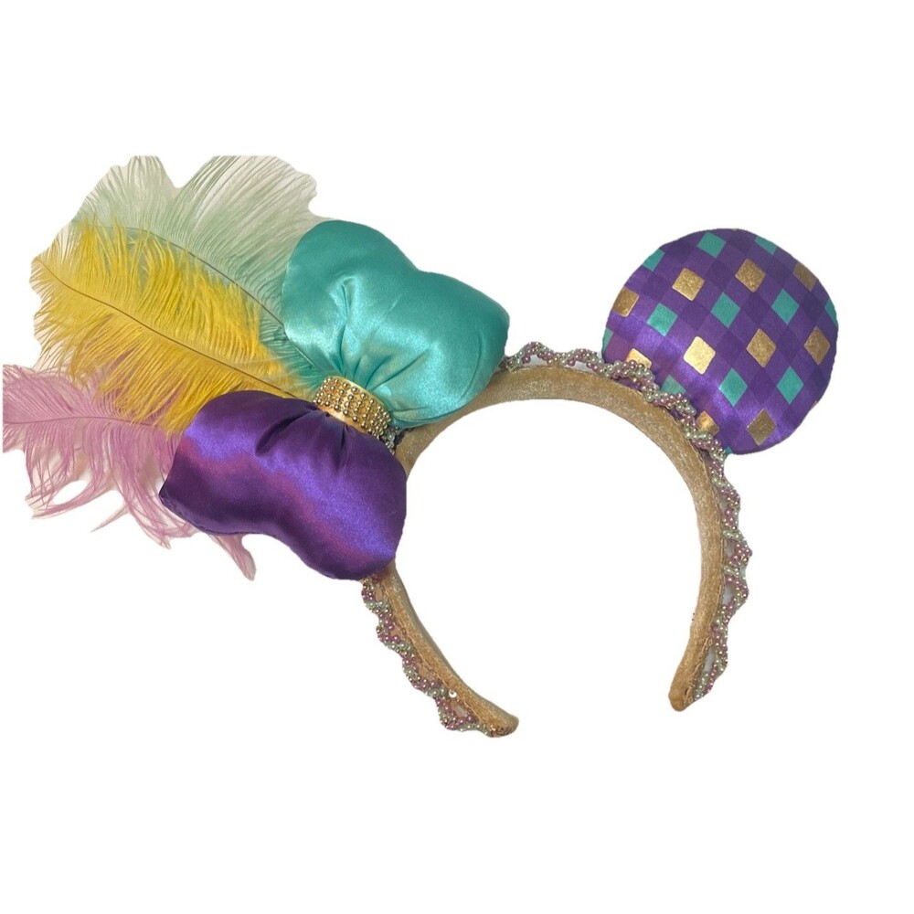 Disney Parks Exclusive MARDI GRAS Minnie Mouse Ears Headband Beads Feathers Bow